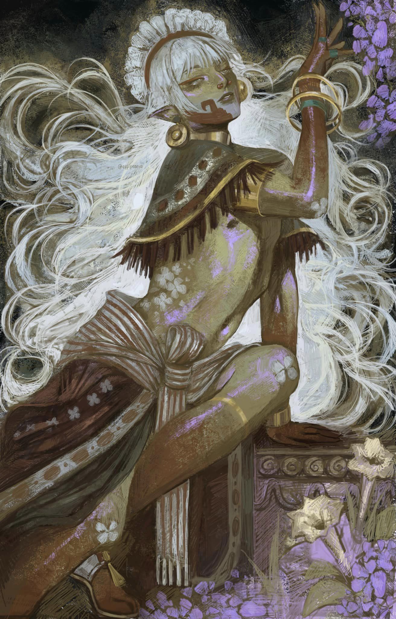 a digital painting of an elf woman in an ornate dress with a white feathered shawl and golden jewelry. she is standing with her hand on a stone pedestal, her hair falling down her back. the background is a field of purple flowers and greenery, and the painting has a whimsical, fantastical feel.