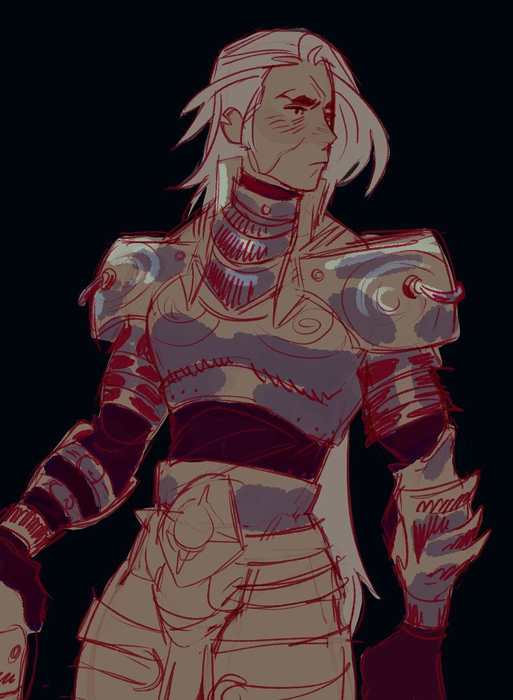he image is a digital painting or sketch of a female fantasy warrior. she has long grey hair, a serious expression, and visible scars on her face. she is wearing detailed metal armor that covers her torso and arms, with elements suggesting a mix of plate and segmented styles.  the art style is stylized, with loose brushstrokes and a dark, moody color palette dominated by reds and purples against a black background. the overall impression is one of strength and perhaps weariness.  the sketchlike quality suggests it might be concept art or an early stage of a more finished piece.