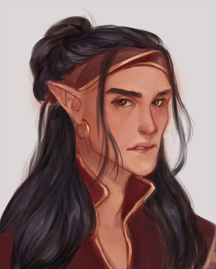 the image is a digital painting depicting a portrait of a male elf.  he has long, dark brown hair styled in a bun at the crown of his head, with a maroon headband adorned with a thin gold line.  he also wears large gold hoop earrings and a maroon, highcollared garment with gold trim.  his expression is serious and his features are sharply defined, with warm skin tones and expressive brown eyes. the art style is soft and painterly, with a focus on blending and soft shading to create a realistic yet stylized look. the background is a simple, light grey that draws focus to the character.
