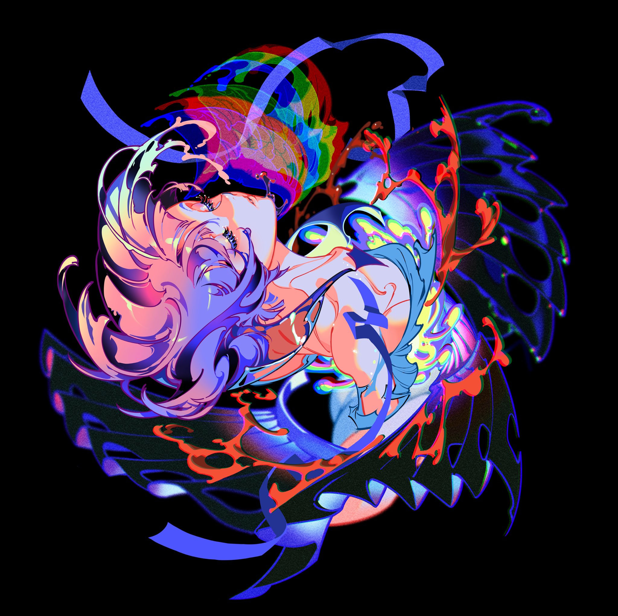 this image is a psychedelic and colorful piece of digital art that depicts an anime girl with wings. the image is filled with abstract shapes and neon colors, giving it a surreal and otherworldly feel. the girl is wearing a flowing outfit, and her hair is flowing behind her. the image is set against a dark background, which helps to highlight the colors of the girl and her wings.
