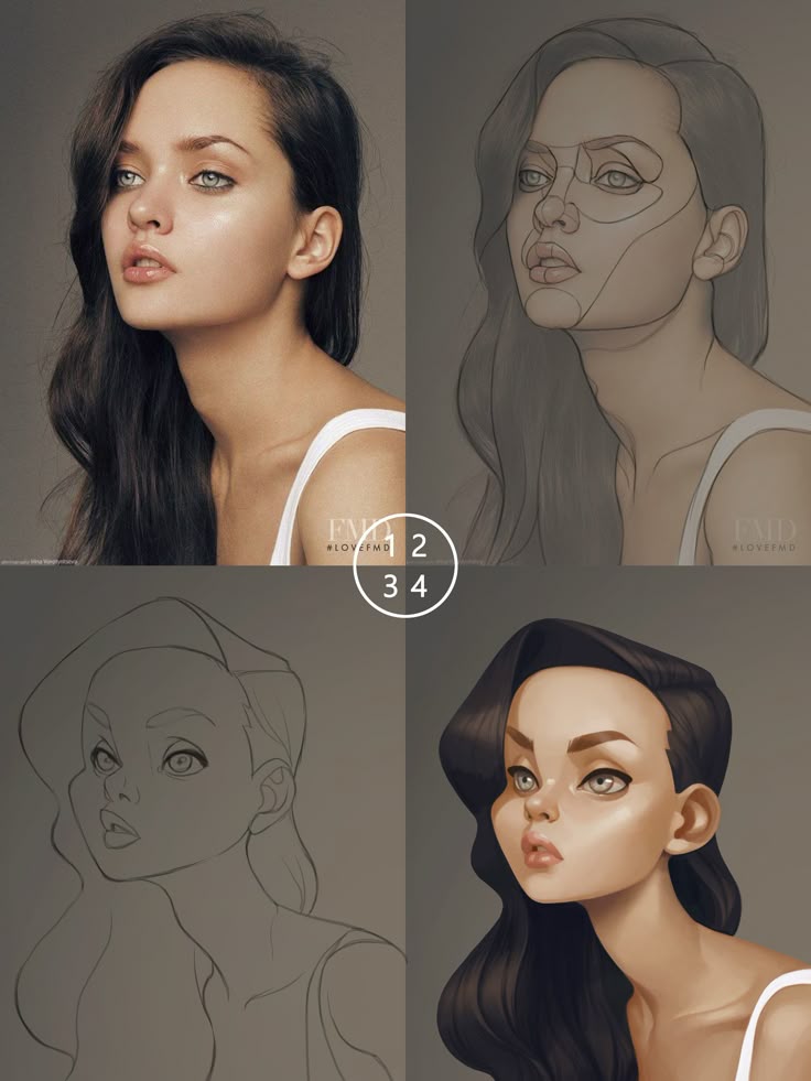 the image displays a fourpanel stepbystep guide on how to create a stylized portrait of a woman. the first panel is a photograph of a woman with dark hair and fair skin. the second panel overlays basic shapes and lines onto the photograph to establish structure and proportions. the third panel shows a refined line drawing based on the earlier shapes. the fourth panel presents a fully rendered, stylized cartoon portrait with vibrant colors and distinct features.
