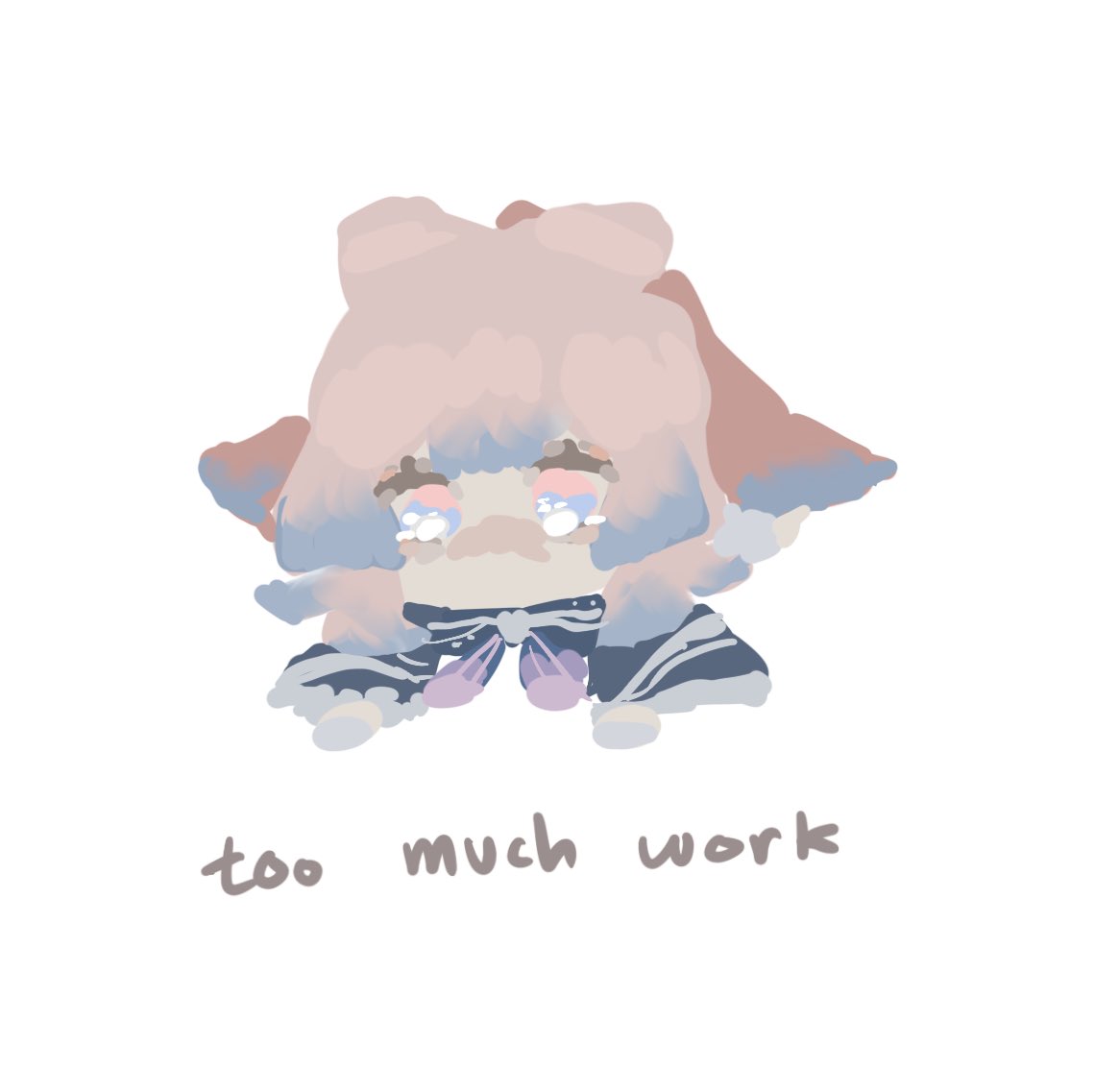 an illustration of a cute, anime girl with pink hair, blue eyes, and a pastel outfit. she has tears coming out of her eyes and is frowning, looking sad and tired. the text below her says "too much work". the image portrays the feeling of being overworked and overwhelmed.