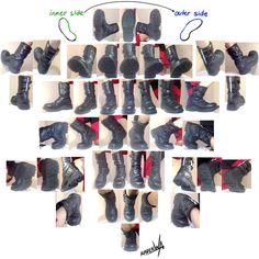 the image showcases a collection of photographs featuring a single pair of black combat boots from various angles. each photo highlights different aspects of the boots, including the soles, sides, front, back, and details like laces and buckles. the arrangement of the images creates a comprehensive visual guide to the boots' design and features. the overall aesthetic exudes a sense of grunge, goth, or alternative fashion.