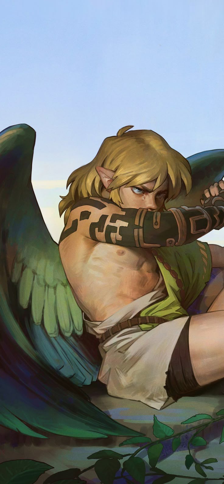 a digital art image of link from legend of zelda. link has blond hair, blue eyes, and he is sitting with a green wing. he has tribal tattoos on his bare chest and arm. he wears an arm guard and has a green tunic. he has white shorts.