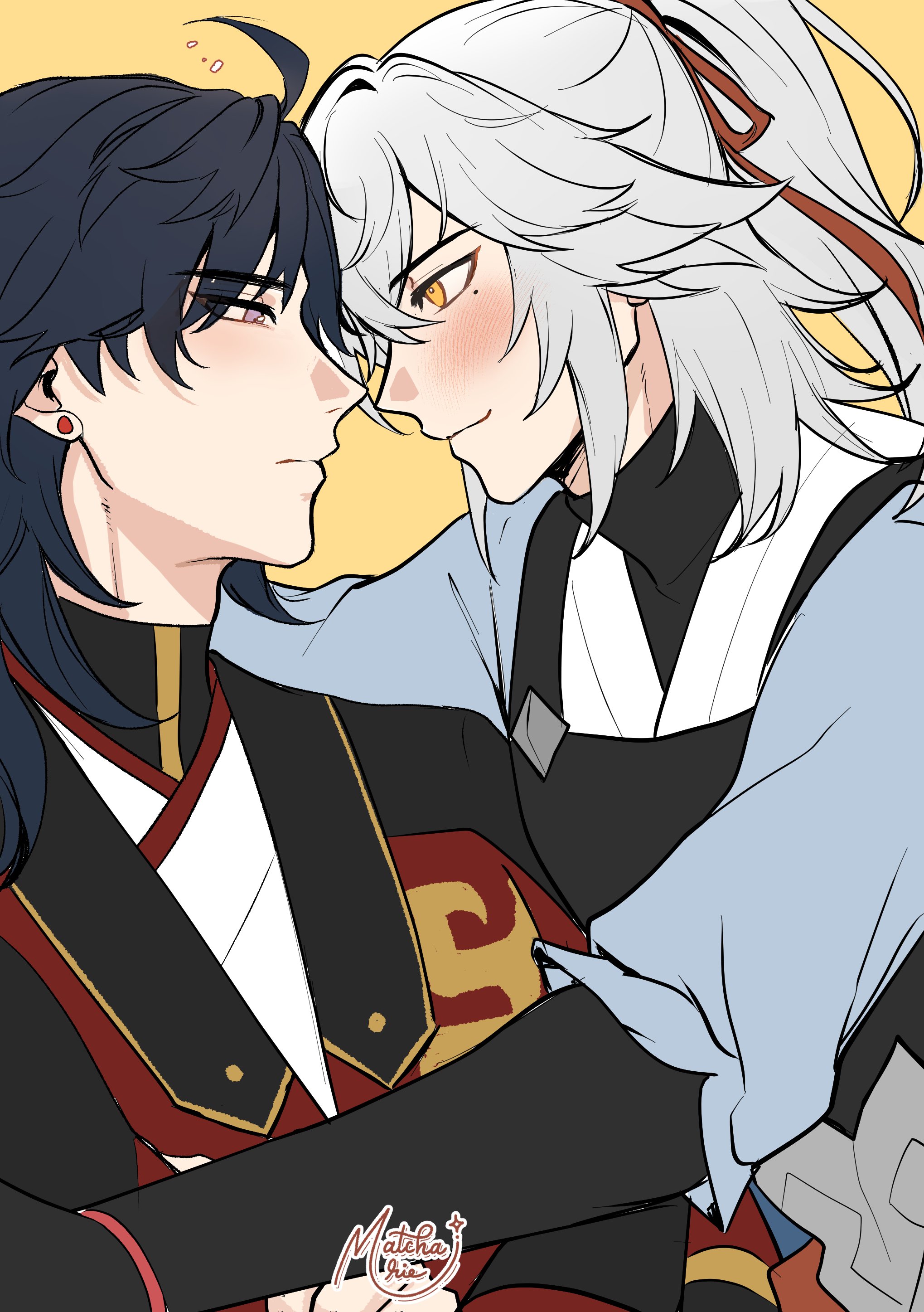 the image shows a closeup portrait of an anime couple. the male character is on the left with black hair and red eyes. he is wearing a black and red kimono. he is looking at the female character on the right who has white hair and yellow eyes. she is wearing a blue and white kimono. she is looking at the male character and they are both blushing and smiling. they are hugging each other tightly. the image is drawn in a digital style with a soft and colorful palette. the characters look very affectionate towards each other and the image conveys a sense of love and romance.
