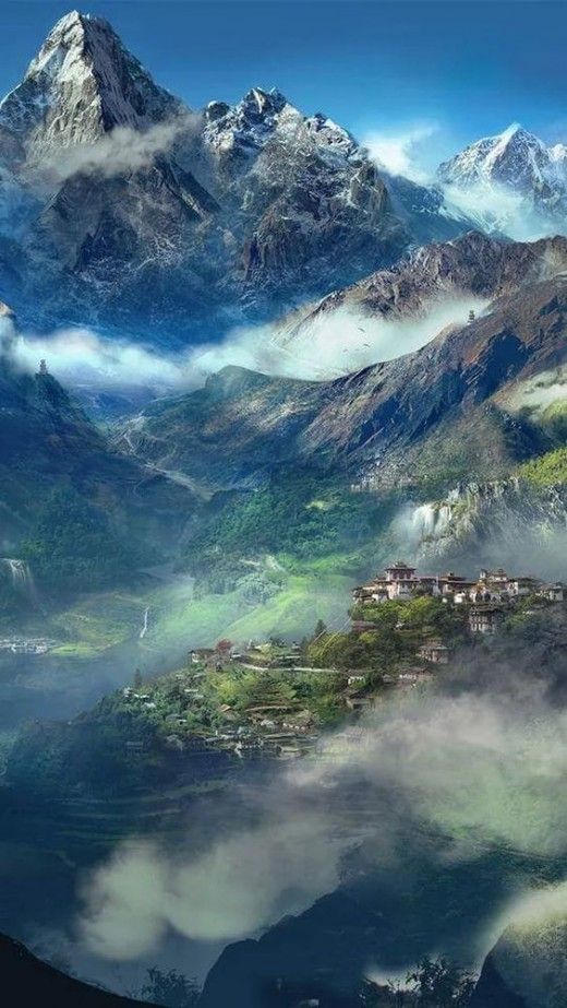 a breathtaking aerial view of a valley nestled between towering snowcapped mountains, the landscape is shrouded in a thick layer of mist and clouds, adding to the mystical and serene atmosphere. the valley is lush with green vegetation, with a small village nestled amongst the trees. the mountains are imposing, their peaks reaching for the sky. the clouds create a sense of depth and mystery, while the mist adds a touch of magic to the scene. this image captures the raw beauty and tranquility of nature, inspiring a sense of awe and wonder.