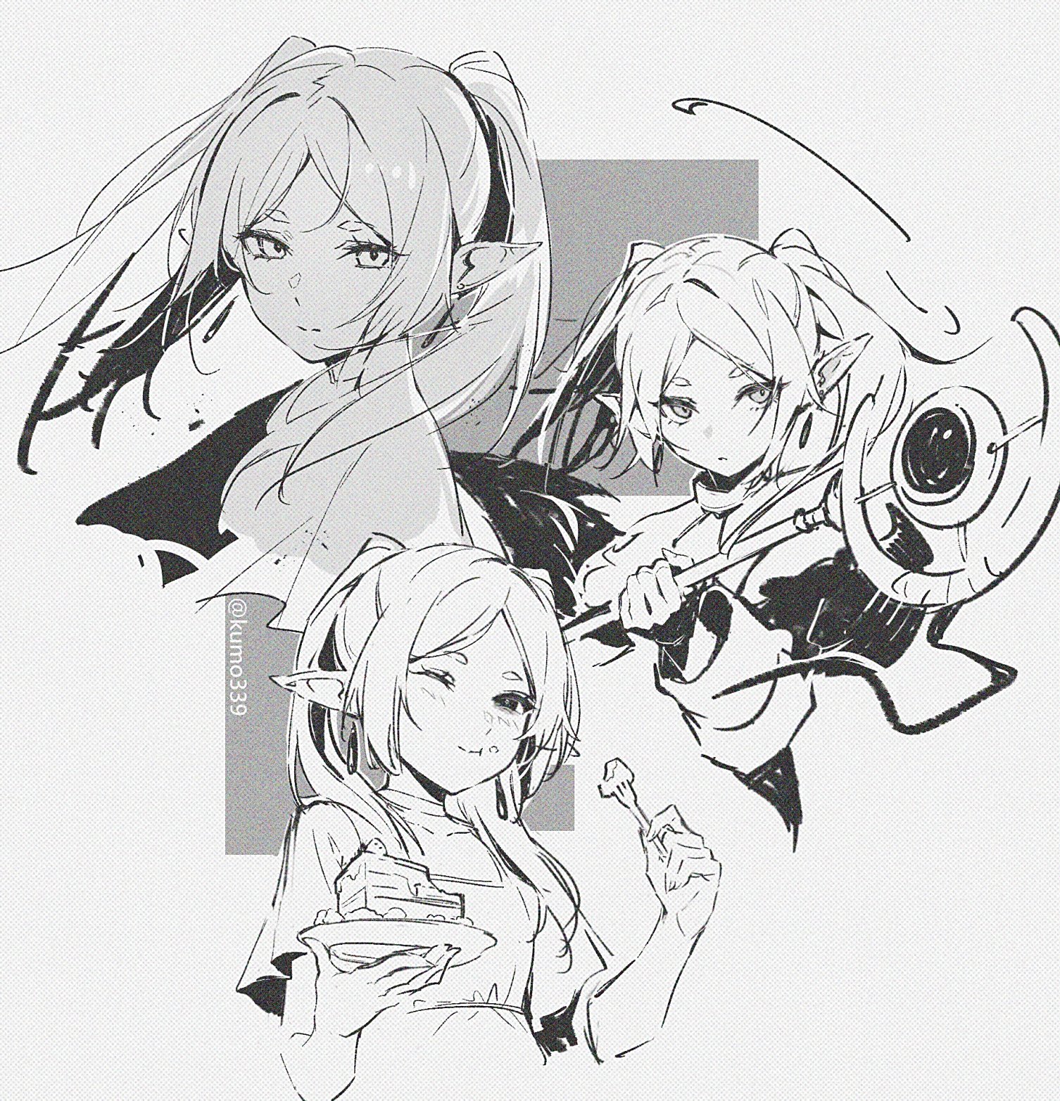 the image is a black and white sketch featuring an animestyle elf girl in three different poses. in the top left, she has a serious expression with long hair pulled back into a ponytail. in the top right, she wields a halberd with a focused gaze. at the bottom, she is winking and holding a plate of dessert with a fork, suggesting a playful or cheerful demeanor.