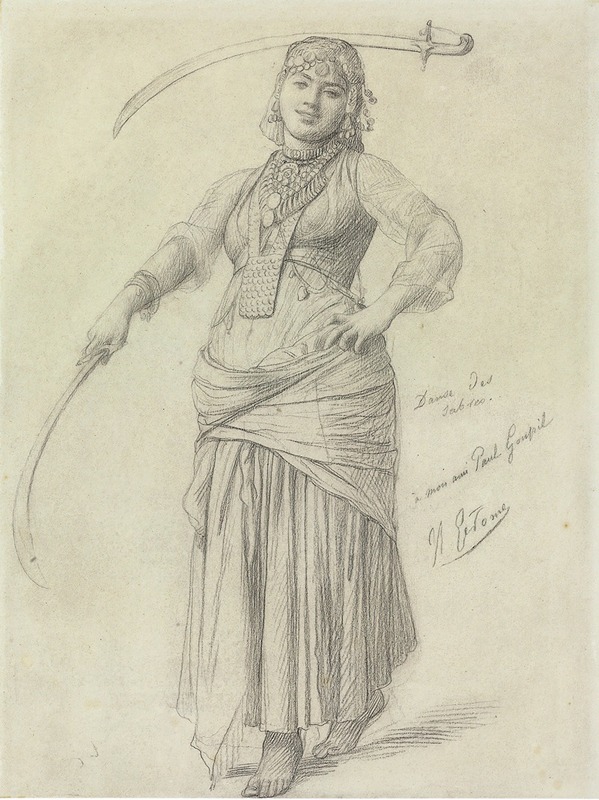 a pencil drawing depicting a woman in a costume, likely an orientalist portrayal of a dancer. she holds a curved sword in one hand, and a second sword is balanced on her head. she is wearing a headdress, necklace, and draped skirt. the drawing is signed by the artist.