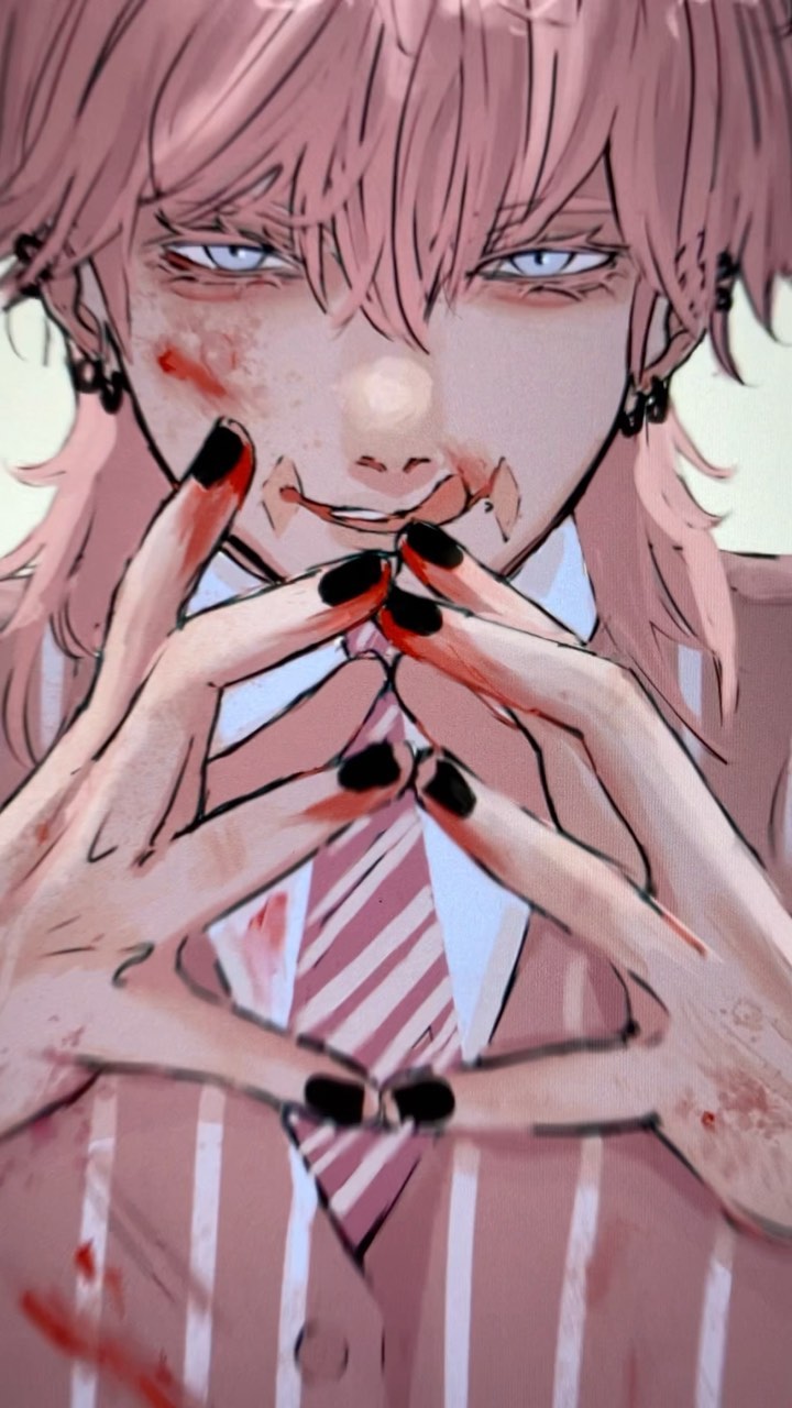 the image is a closeup digital drawing or illustration of a young animestyle male character. he has vibrant pink hair, darkcolored nails, and is wearing a striped shirt and tie.  his face and hands are covered in blood, suggesting recent injuries or violence. his expression is a mix of smirk and intense seriousness, creating a sinister yet stylish aesthetic. the art style is reminiscent of manga and digital painting.
