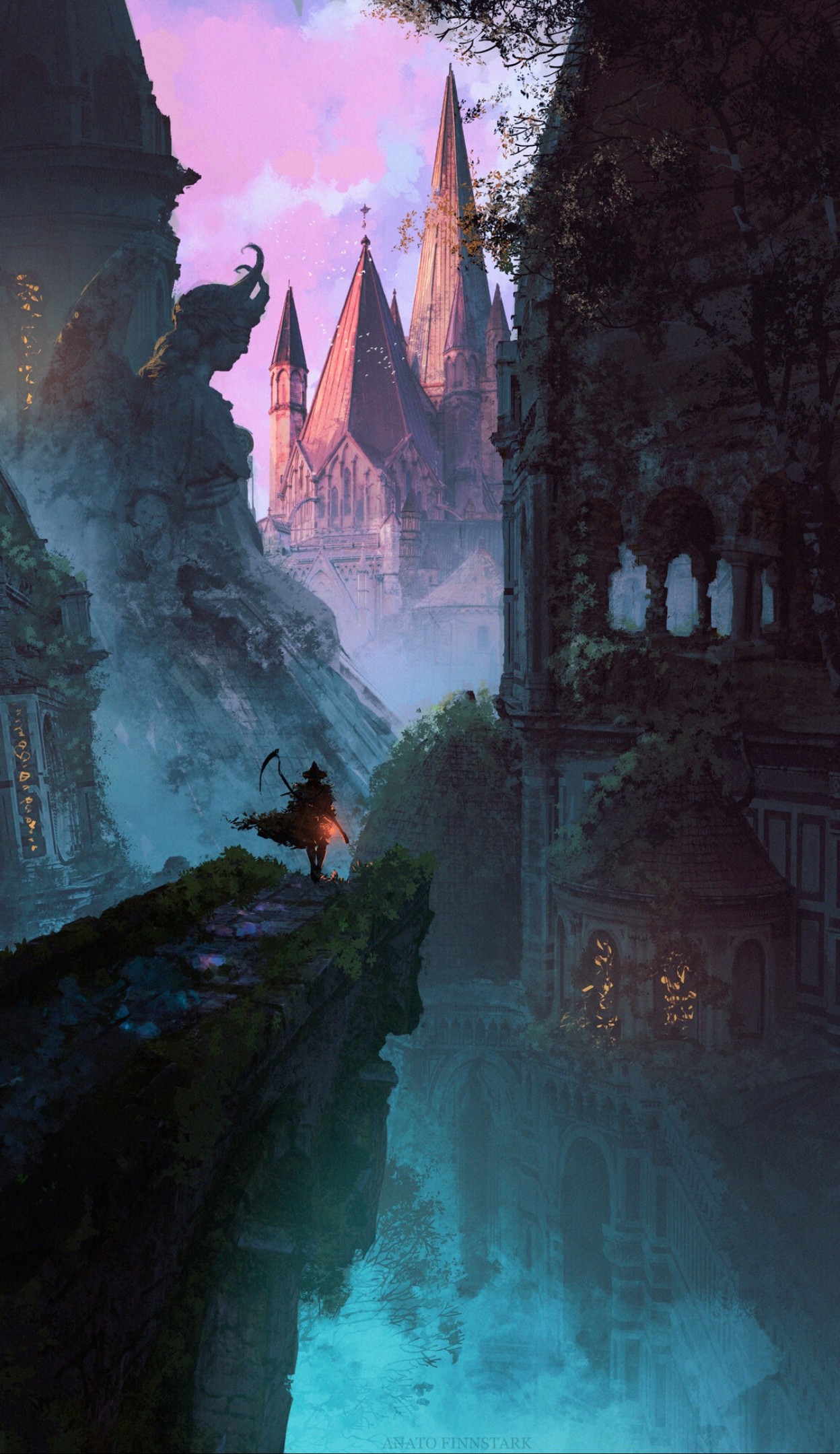 this atmospheric digital art depicts a lone figure standing on a precipice overlooking a gothic cityscape at sunset.  the city, shrouded in fog and dotted with glowing windows, hints at a  story of decay and faded grandeur. the figure, silhouetted against the sky, carries a scythe and appears to be surveying the scene. the overall palette emphasizes cool blues and greens, creating a somber and mysterious mood.
