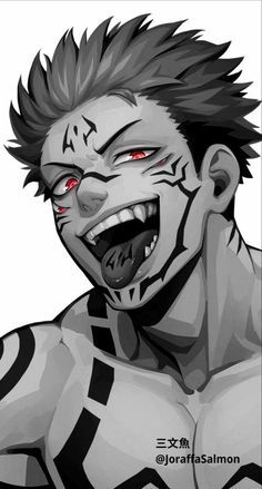 a closeup portrait of an anime character with a fierce expression. his eyes are glowing red, and his mouth is open in a sharp grin, revealing sharp teeth and fangs. the character has dark, tribal markings and scars across his face and chest, and his muscular body is shirtless.