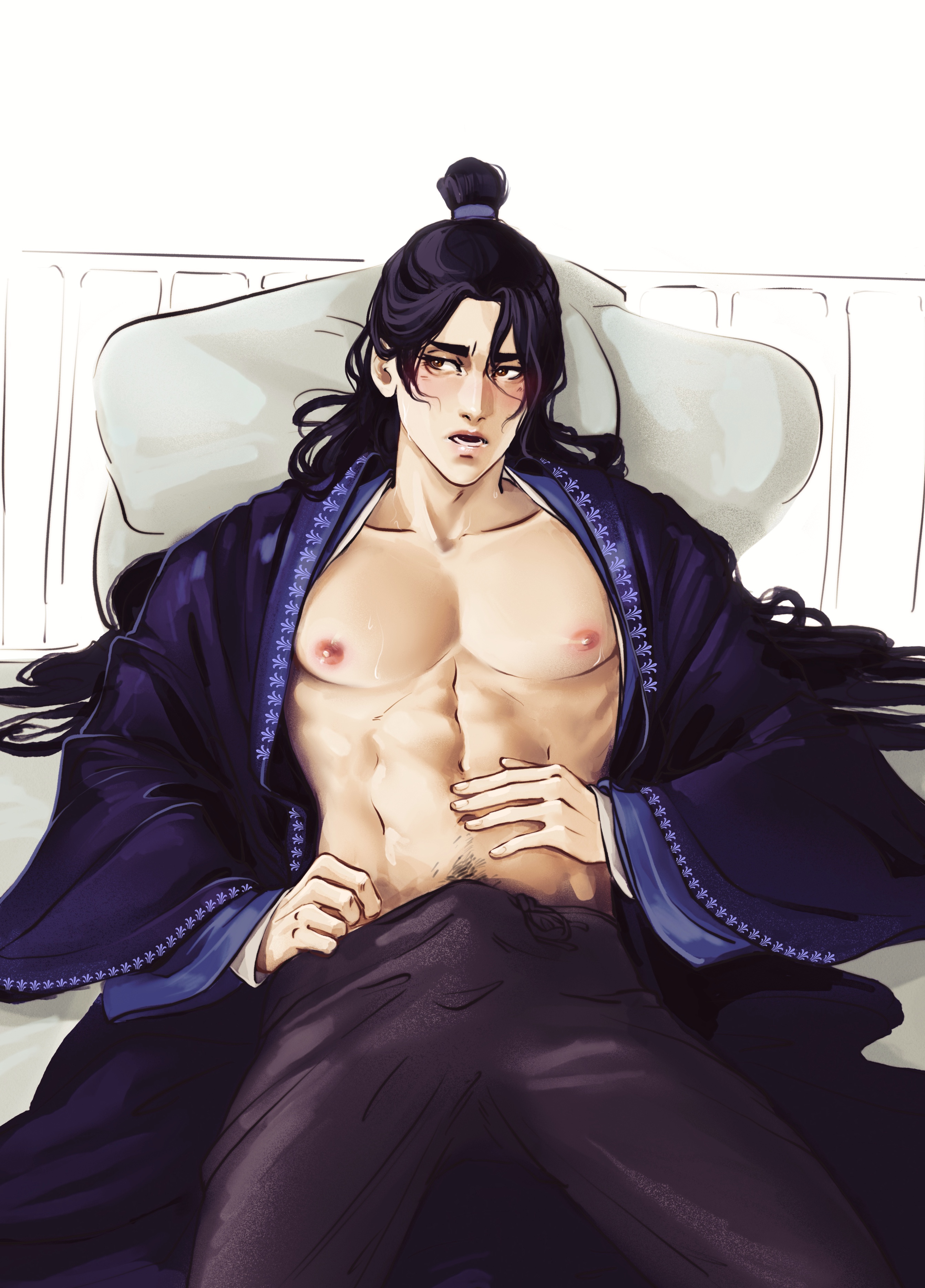 a digital illustration shows a darkhaired man lying in bed. he has pale skin, red cheeks, and a nervous expression. his hair is pulled up into a bun on top of his head. he is wearing a dark blue kimono with a floral pattern. the kimono is open, exposing his chest and abs. he is wearing dark pants and has his hand on his stomach. he is lying on a white pillow. behind him is a white headboard.