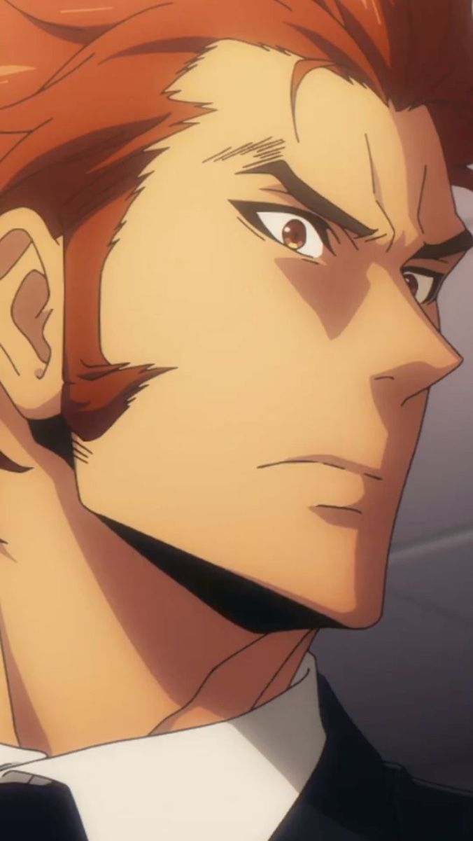 a close up, side view portrait of a serious looking anime character. the character is a man with red hair, sharp jawline, and piercing eyes. he is wearing a suit and tie. he has a thoughtful expression on his face as he looks away.