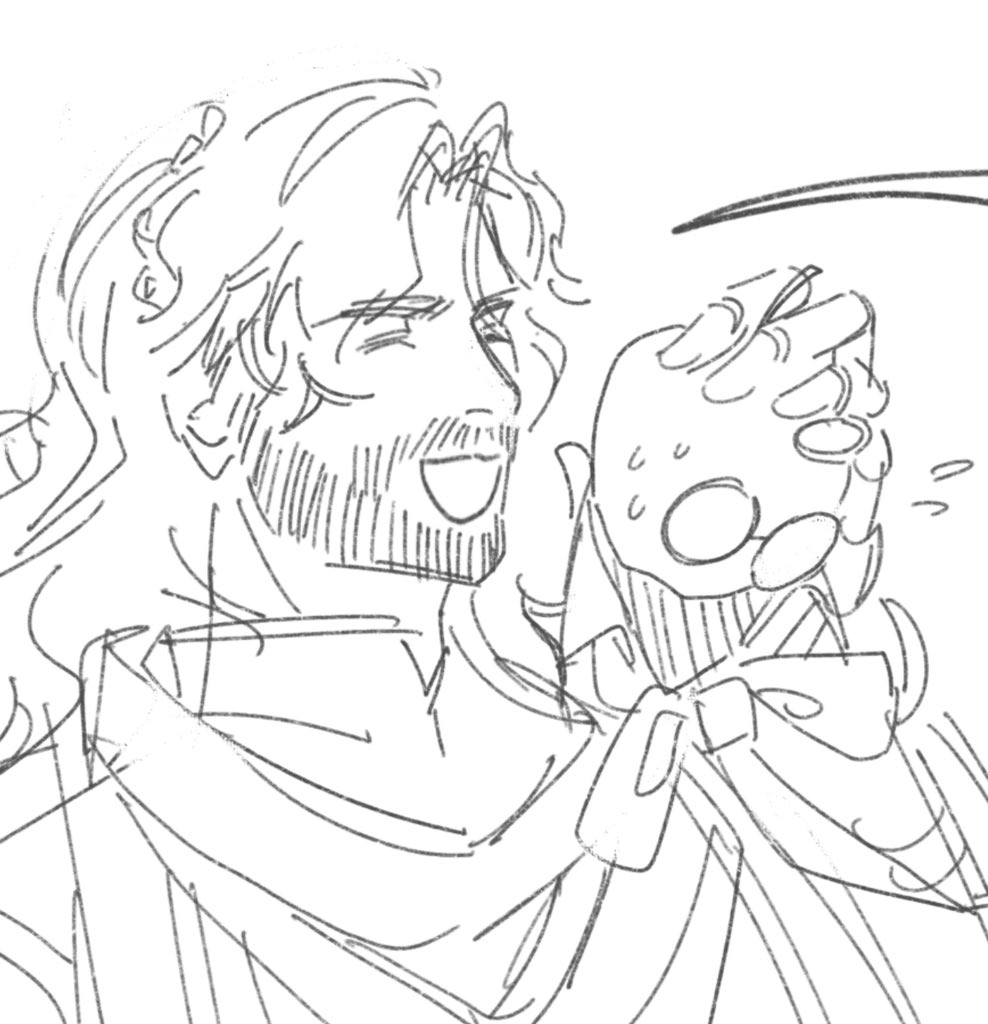 this is a sketch of a man laughing. he is drawn in a comic style with exaggerated features. he is holding his hand up to his face, and his mouth is wide open in a laughing expression.  the sketch is done in black and white line art.
