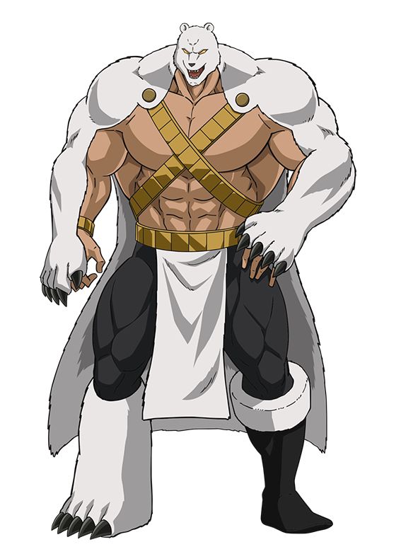 this is a digital illustration of an anime character. the character appears to be a strong man with bearlike features. he is wearing a white fur cape, gold belt, and black pants and boots.  he has a muscular build and claws on his hands and feet. the character is in a standing pose with his arms slightly bent.