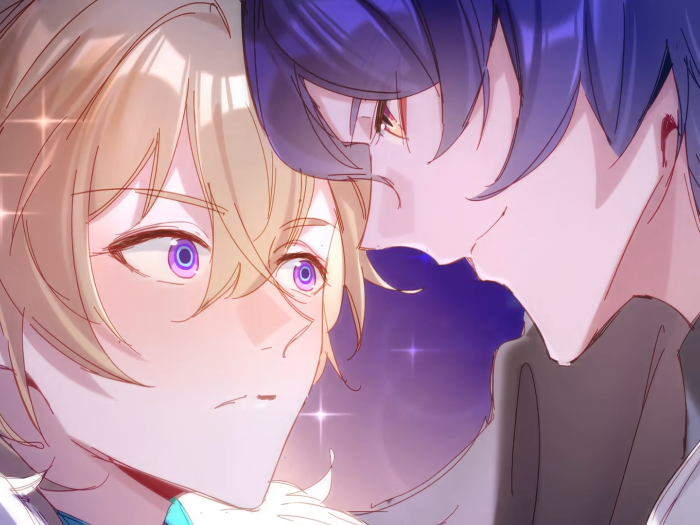closeup illustration or artwork depicting two animestyle boys in a romantic or intimate moment. the boy with blonde hair has purple eyes, and the other boy has dark blue hair. their faces are close together, suggesting affection or a romantic relationship. the style is soft and pastel, with glowing effects and sparkling details enhancing the romantic mood. the overall atmosphere is gentle and heartwarming.