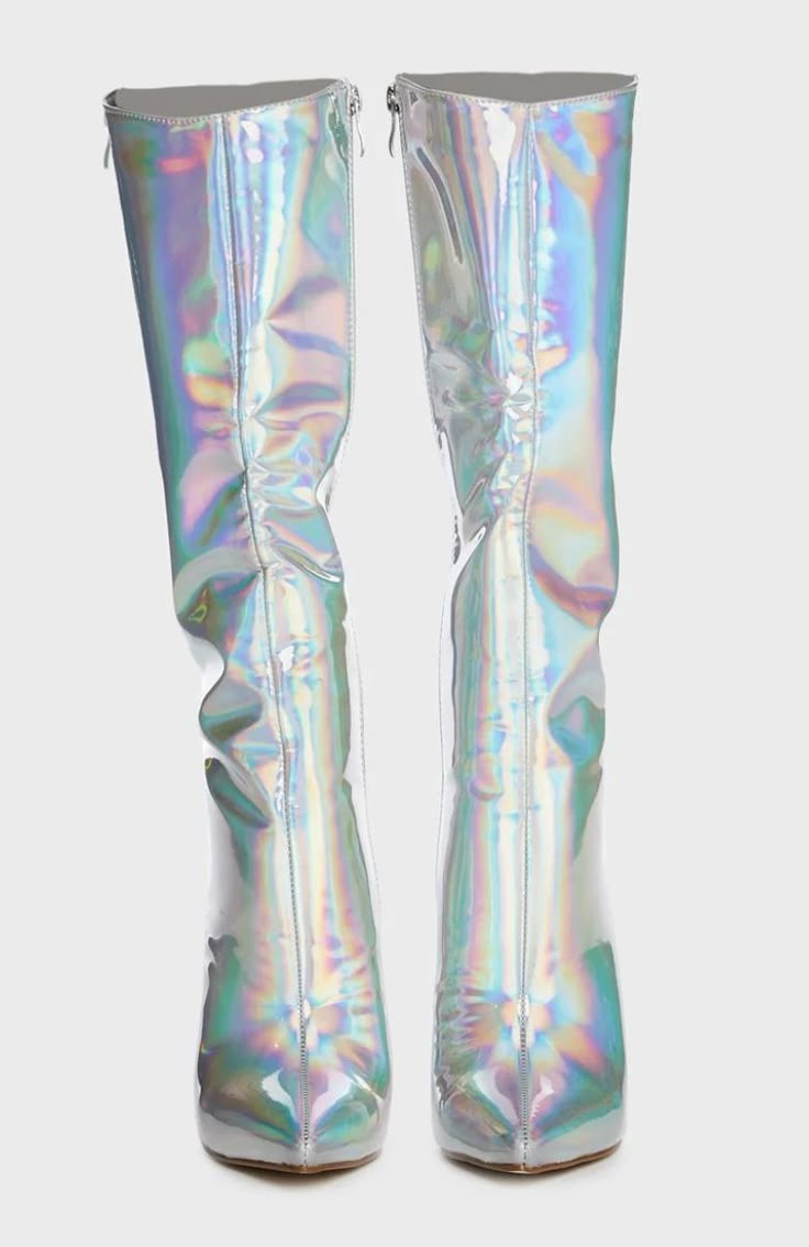 the image shows a pair of holographic kneehigh boots. the boots have an iridescent, shiny surface.