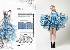 this image showcases a fashion illustration and a photograph sidebyside. on the left is a fashion illustration of a woman wearing a blue dress with a multilayered design, similar to a  skirt. the dress has a bold floral pattern throughout.  on the right is a photograph of a woman modeling a reallife version of the dress from the illustration. the real dress is a beautiful blue with a similar multilayered design as the sketch, and features a more delicate floral pattern. both the illustration and photograph are set on a white background.