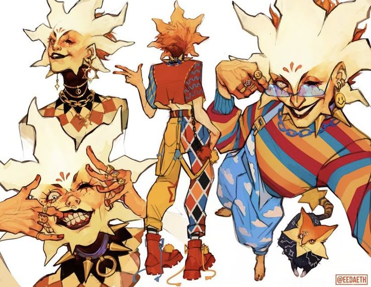 the image showcases various character designs of a sunthemed character with a jester/clown aesthetic. there are several different poses of the character, including fullbody views and closeup shots of the face and upper body. the character is depicted in colorful and whimsical outfits with elements like striped shirts, checkered patterns, and oversized clothing. they are adorned with jewelry such as rings and earrings and, in one instance, sunglasses. a small pet figure is also included in one of the designs.