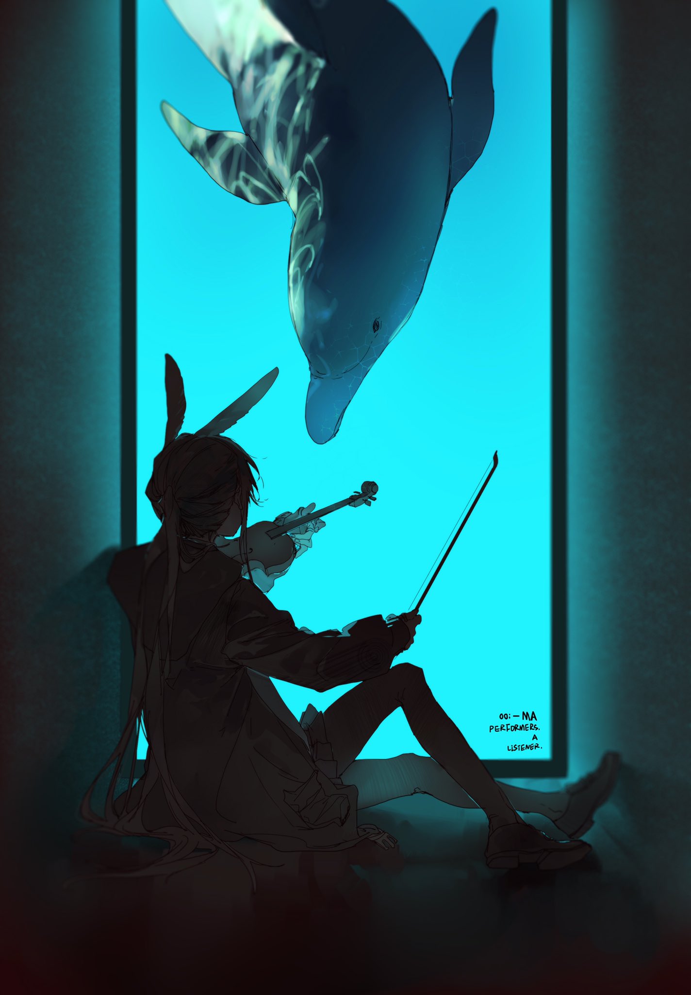 an anime girl with rabbit ears sits in a dark corner playing a violin in front of a large aquarium with a dolphin. the girl is viewed from the back, showing her long hair and the instrument in her hands. the dolphin is positioned near the top of the aquarium, its form visible against the bright blue water.