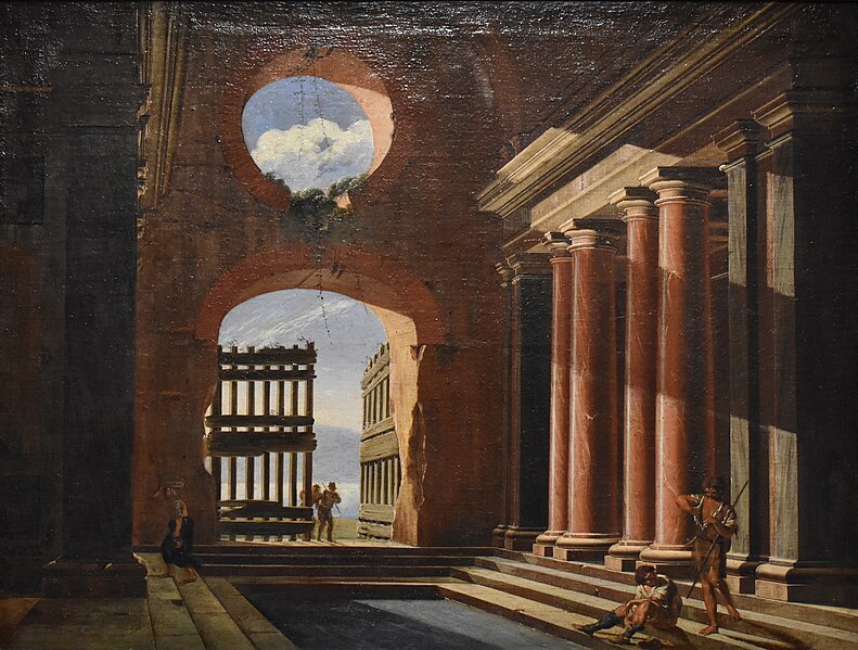 the image is a painting depicting a scene within a ruined, classicalstyle building or architectural complex. dominating the right side are several tall, redcolored columns. steps lead up to the columns. two figures are positioned in front of the columns, one seated and one standing with a spear. an arched doorway is in the center of the image. through the doorway can be seen an elaborate gate, suggesting a possible entrance or exit from the complex. in the distance are more figures. to the left, another doorway or opening is visible, but the view beyond is less defined. the scene is bathed in a combination of light and shadow, emphasizing the scale and grandeur of the architectural ruins. a round window or opening at the top of the left wall reveals a view of the sky with clouds. overall, the painting evokes a sense of history, decay, and the passage of time, possibly depicting an elaborate stage set.