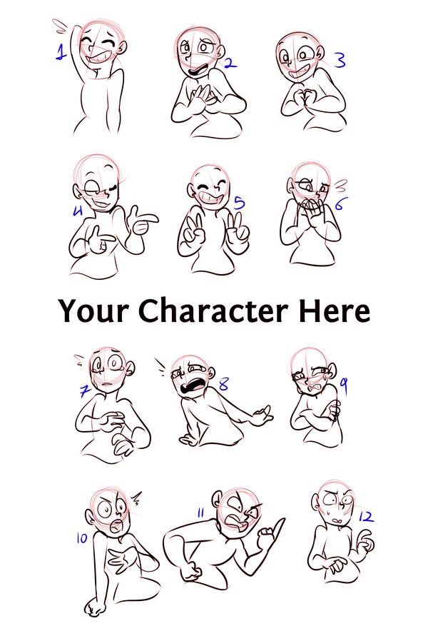 this is a drawing guide with 12 different poses and expressions for character drawing. each pose is outlined in black with the number of the pose next to it. the image has the text "your character here" in the center. this guide is helpful for aspiring artists who want to improve their character drawing skills.