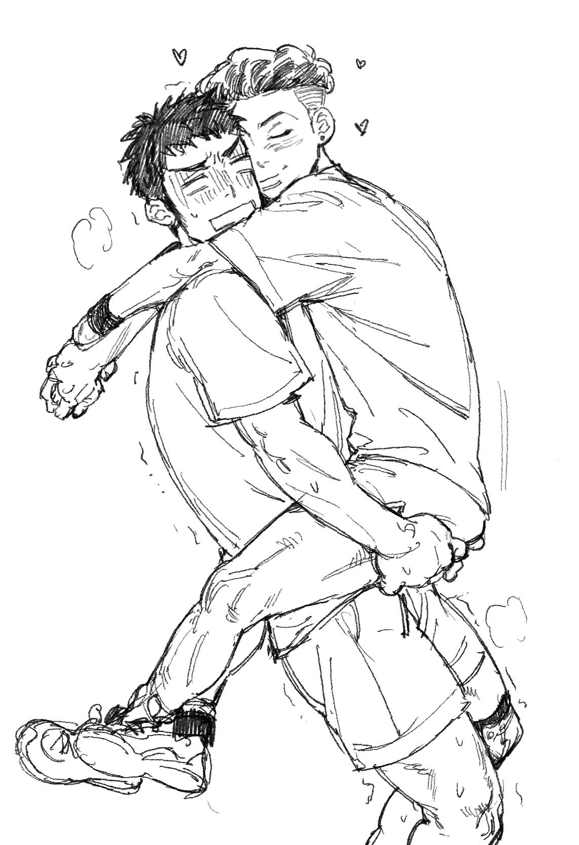 a black and white sketch drawing of two men hugging each other. the man on the bottom has his arms wrapped around the man on the top, and both are smiling. there are small hearts drawn around them indicating love or friendship.