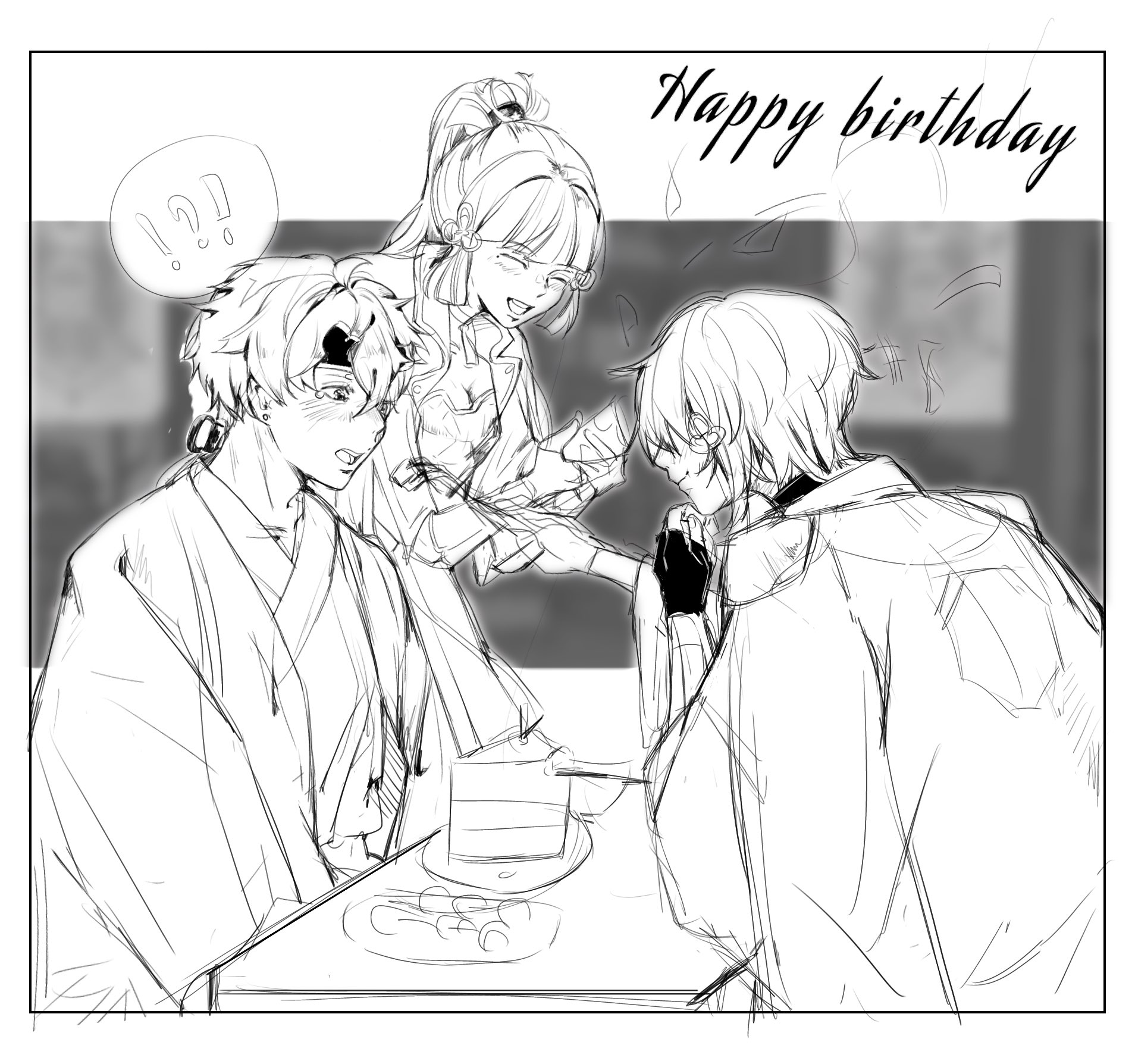 a black and white sketch of a group of friends celebrating a birthday. the three friends are smiling and laughing together. there is a cake and a present on the table.
