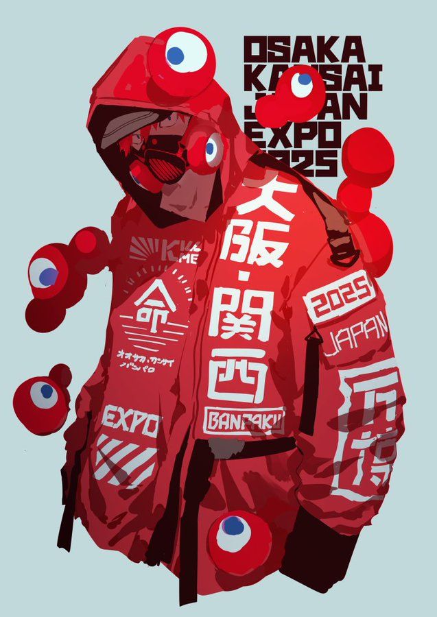 this artwork depicts a stylized cyberpunk figure wearing a red jacket covered in japanese text and logos. the figure's hood is pulled up, and they are wearing a futuristic mask. the background is a light blue color, and the artwork is filled with red circular elements that resemble eyes. the text on the jacket and the circular elements all contain japanese characters and english words. the artwork is a visually striking representation of cyberpunk aesthetics and japanese culture.