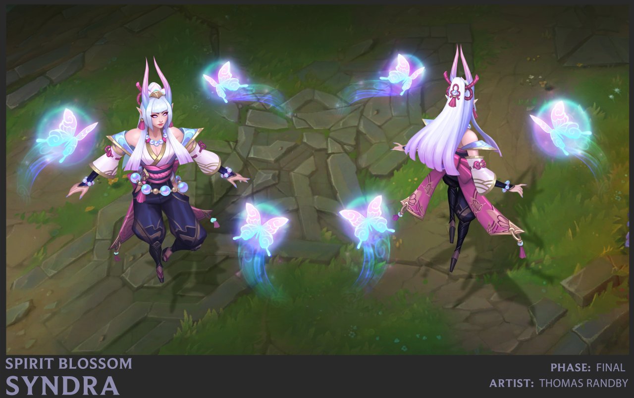 the image showcases the final concept art for the spirit blossom syndra skin in league of legends. two different views of the character are presented: a frontfacing view and a back view.  syndra is depicted in a beautiful kimonoinspired outfit, adorned with pastel pink and purple hues.  she is surrounded by glowing, ethereal butterflies, which are a key element of the skin's design. the background is a stone pathway with lush green grass.  the text at the bottom indicates the skin's name, artist, and phase of completion.  the overall style is highly polished and detailed, characteristic of official game art.
