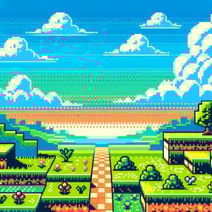 the pixel art image showcases a vibrant outdoor setting reminiscent of a classic video game. a path paved with brown tiles stretches towards the horizon, leading towards a luminous sunset. lush green grass, verdant trees, and colorful flowers adorn the landscape on either side of the path. the sky is awash in shades of blue, with fluffy white clouds adding to the picturesque scene. the overall ambiance is cheerful and inviting.