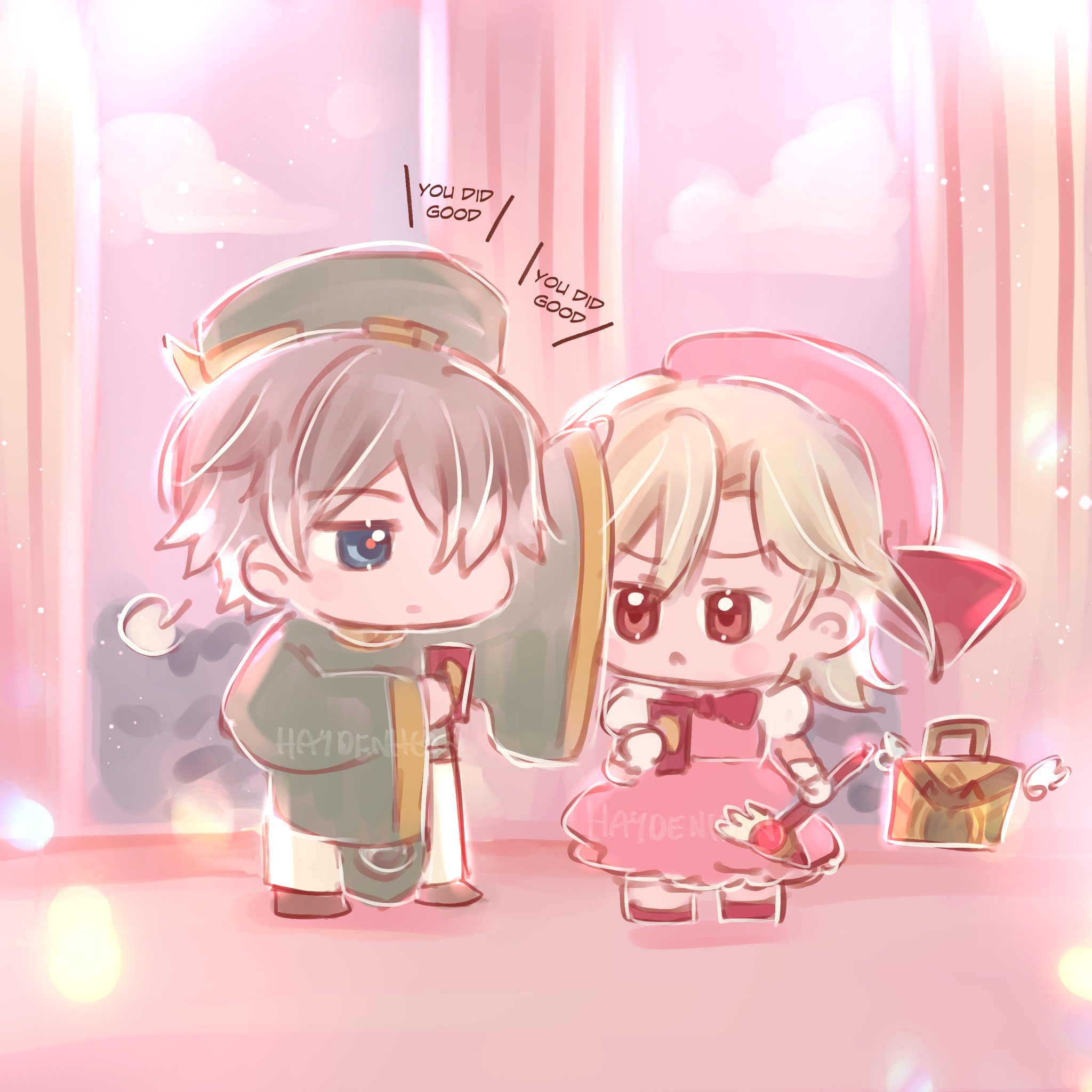 this is a cute and colorful anime drawing of a boy and girl character in a pink background. both characters are holding gift boxes and smiling at each other. the boy is wearing a green outfit and the girl is wearing a pink outfit. they are surrounded by a pink and white sparkling background. they are close friends and happy together.  the caption says, "you did good."