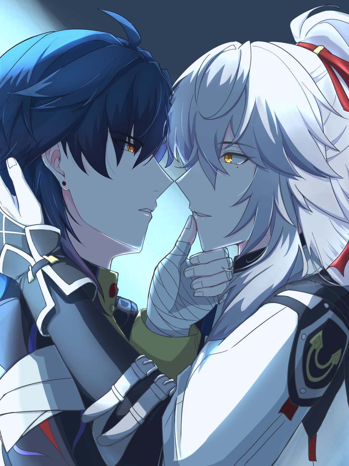 two anime boys, one with white hair and the other with black hair, are looking at each other with love in their eyes, the white haired boy is holding his hand up near his mouth and the black haired boy is looking at him with a longing expression. they are close to each other and it looks like they are about to kiss. the image is very romantic and heartwarming.