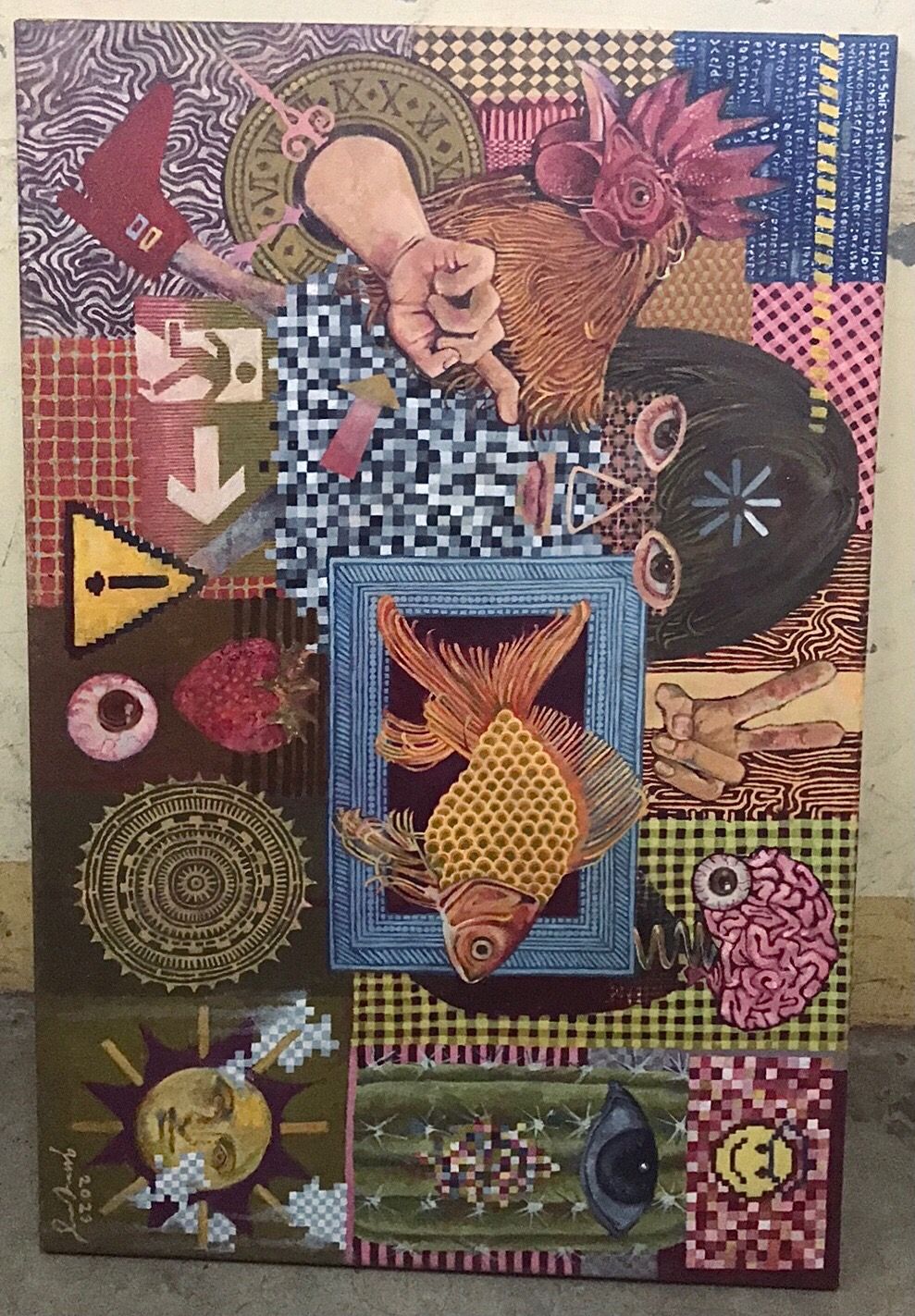 a colorful, surreal collage painting with various imagery including a rooster head, a fish, eyes, hands, strawberries, a sun, and geometric patterns.