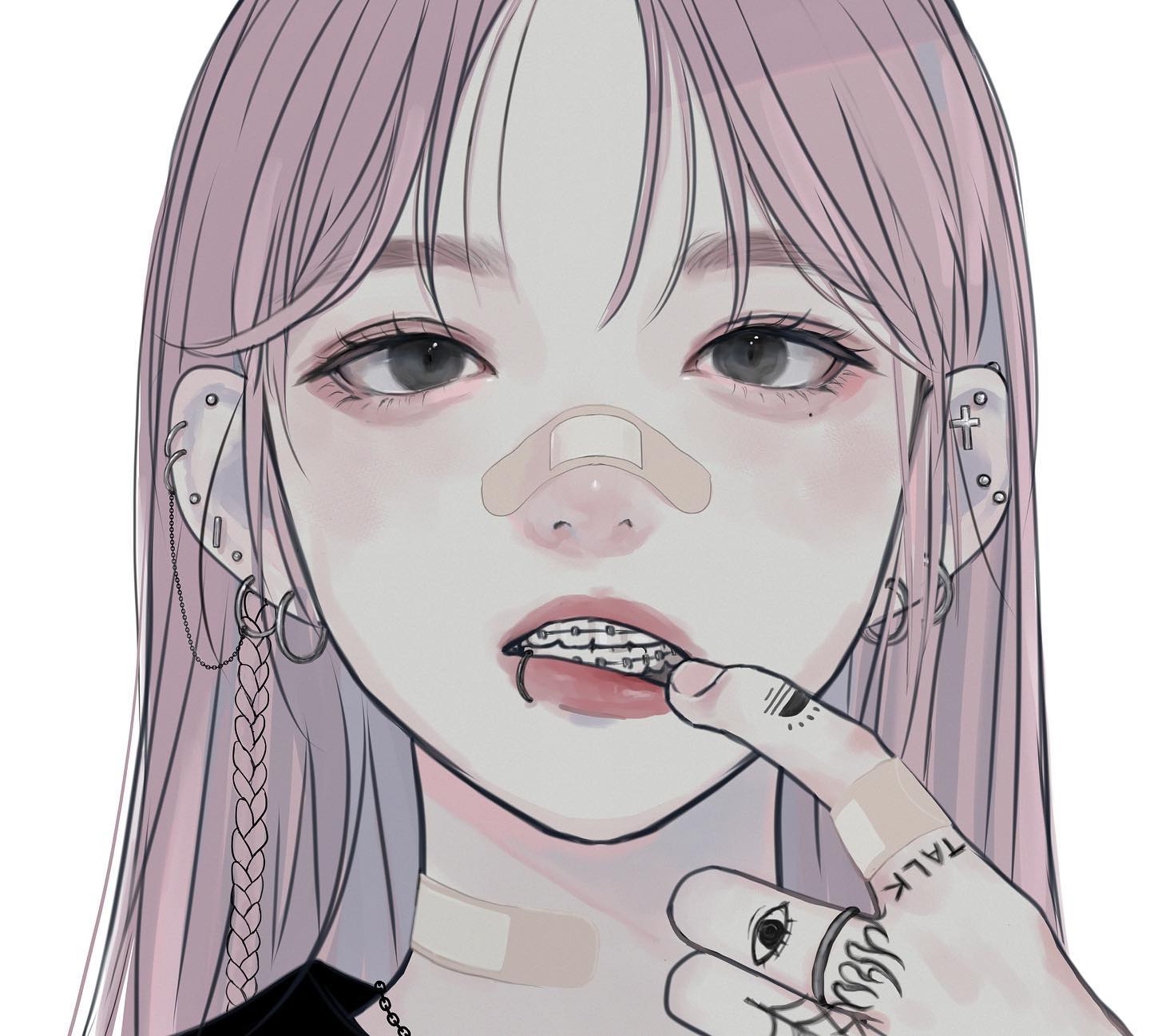the image is a digital drawing or illustration of an animestyle girl. she has long, pastel pink hair styled in loose braids.  she is wearing several small piercings in her ears, and has braces on her teeth.  she also has bandaids on her nose and finger and small tattoos on her fingers (including one that says "talk"). her overall style blends elements of pastel goth and alternative aesthetics with a soft, "kawaii" touch. the art style is soft and delicate with muted colors. the girl's expression is neutral to slightly playful as she gently touches her mouth.