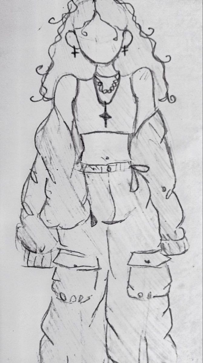 this is a pencil sketch of a woman wearing cargo pants, a bomber jacket, a crop top, and a cross necklace. she has curly hair and cross earrings.