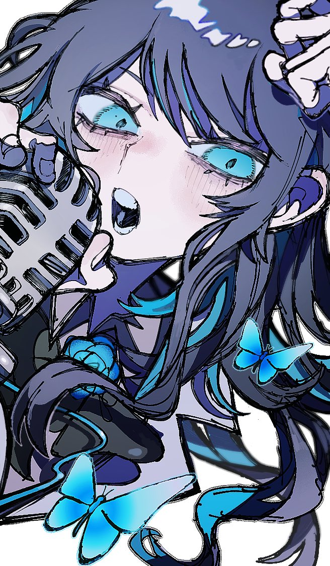 this is an illustration of an animestyle girl, her hair is blue and black. she's holding a microphone to her mouth and singing. she's surrounded by blue butterflies.