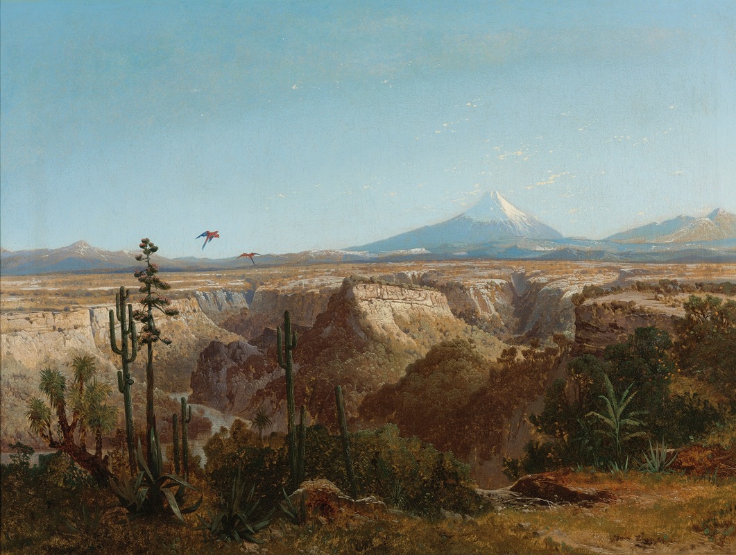 this is a landscape painting depicting a wide canyon with lush vegetation in the foreground. cacti and various trees dot the scene. two parrots are flying across the sky. in the background, a snowcapped mountain or volcano dominates the horizon. the sky is a clear, light blue. the overall impression is one of a vast, natural wilderness.