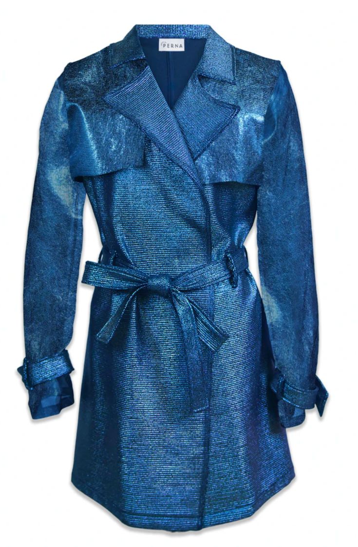 a blue, shiny, metallic trench coat for women. the coat is made of a textured fabric with a slightly iridescent finish. it features a doublebreasted closure, a belt, and two pockets. the coat is  stylish, trendy, and sophisticated.