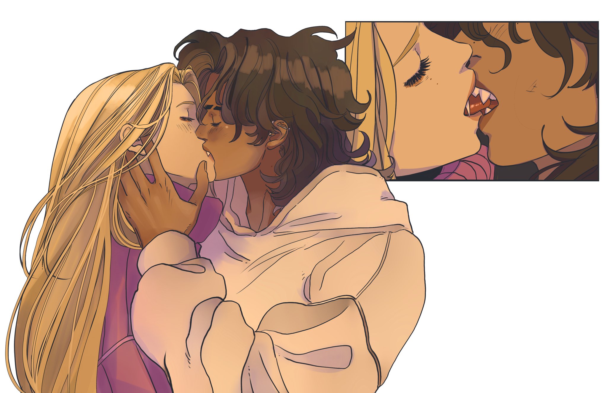 an illustration of a lesbian couple kissing. one woman has blond hair and is wearing a pink shirt. the other woman has brown hair and is wearing a white sweatshirt. in a small picture in the top right corner, the couple is shown with vampire fangs.