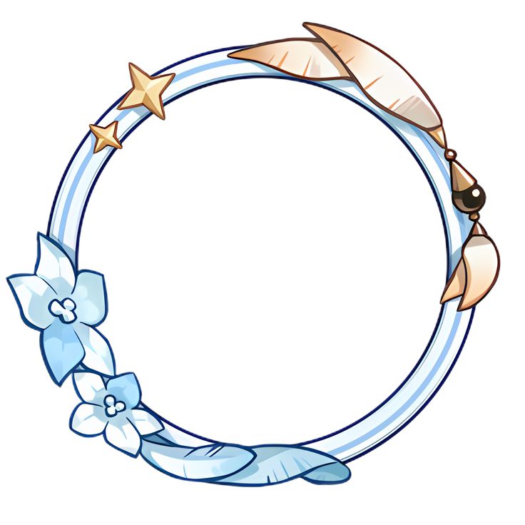 the image shows a circular frame with a light blue and white striped border. two golden stars are on the top left, a cluster of light blue flowers is on the bottom left, and tancolored featherlike shapes and a bead are on the top right.