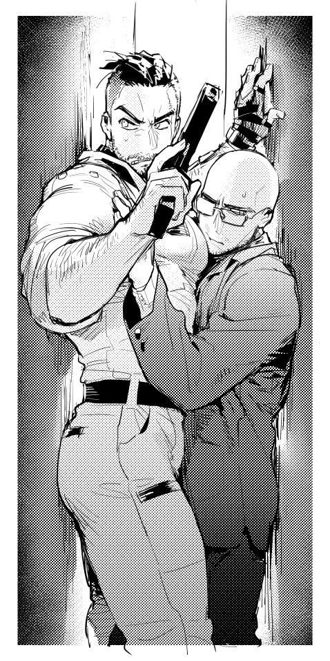 a black and white illustration depicts two muscular men engaged in a tense confrontation.  one man holds a pistol, while the other appears to be struggling or trying to disarm him in a confined space. the style is reminiscent of manga or comic book art, with strong lines and dynamic posing suggesting a moment of intense action.  the setting appears to be a dark hallway or corridor. the image is gritty and detailed, highlighting the tension and power struggle between the two characters.