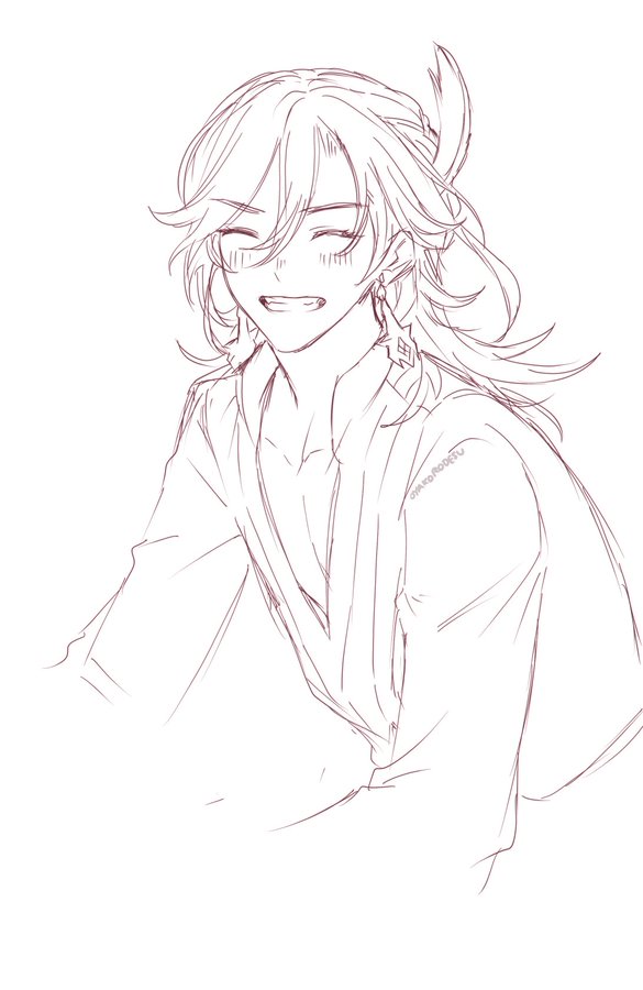 a line drawing of a handsome anime male character with long flowing hair and a feather in his hair. he is smiling and has a beautiful earring. he is wearing a longsleeved shirt. the drawing is in a soft, dreamy style.