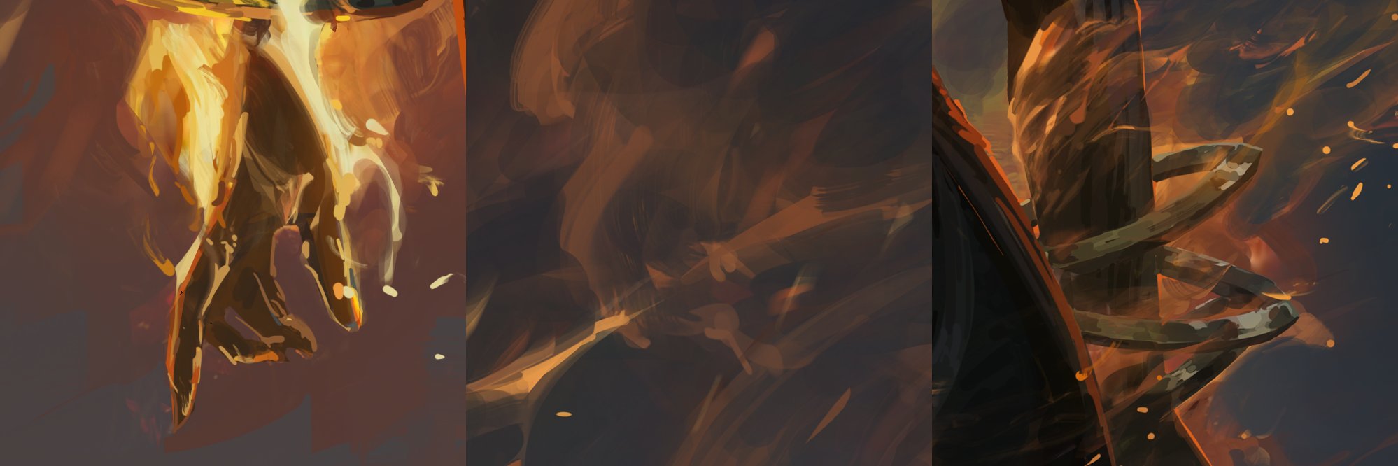 the image is an abstract painting or illustration depicting various elements related to fire and intense heat.  three distinct sections are visible. one section prominently features a hand seemingly emerging from or engulfed in flames, rendered in warm oranges and yellows. another section showcases a blurry, dark, almost charcoallike background with hints of orange and brown firelike strokes. the third section shows a dark, possibly metallic, spiral shape set against a fiery background. the overall style is painterly and impressionistic, with visible brushstrokes, giving a dynamic and energetic feel.  the combination of fire, dark tones and abstract shapes suggests a powerful, perhaps magical or mythical, scene.