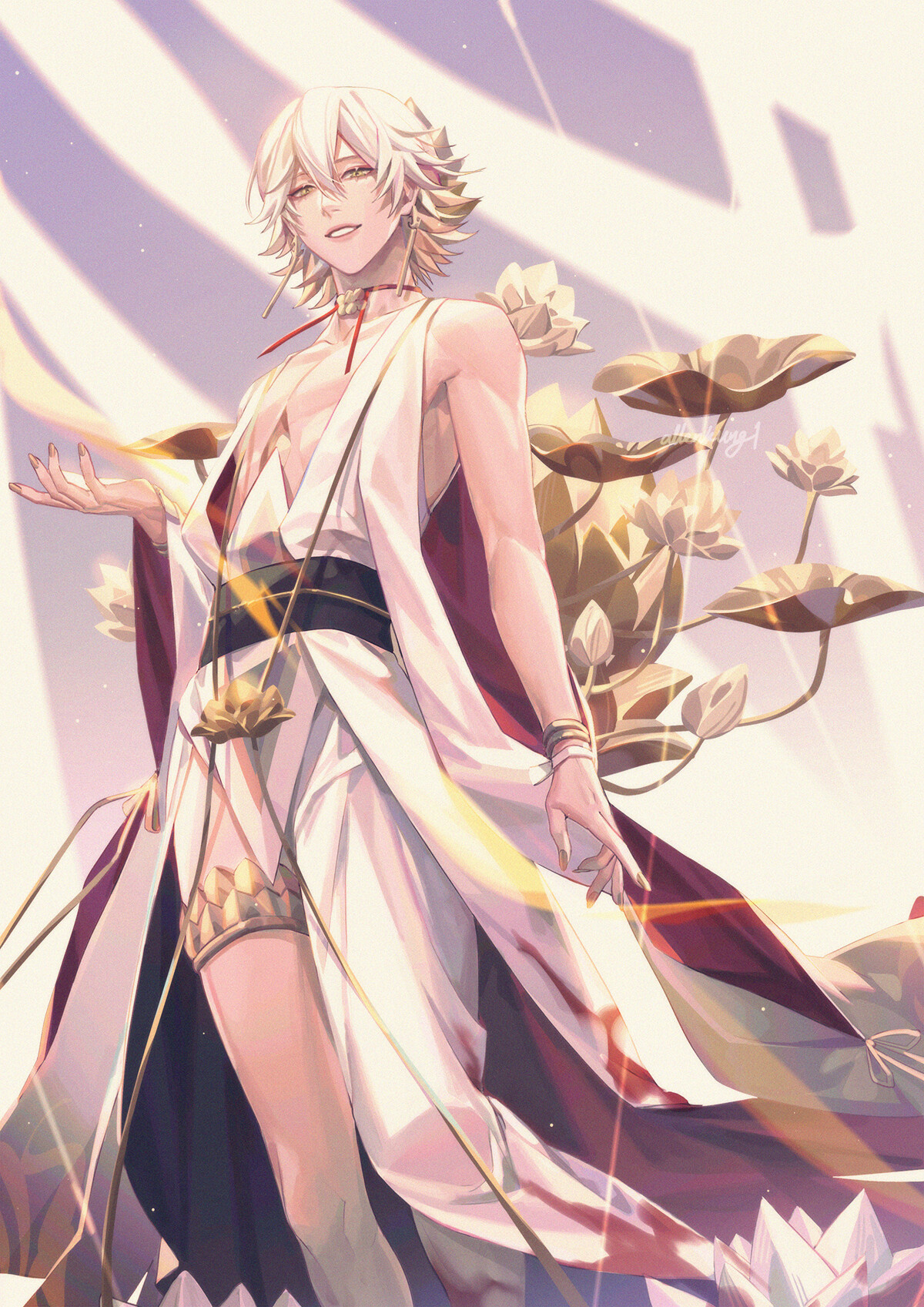 the image is an anime illustration of a handsome male character with long, white hair and golden eyes. he is wearing a beautiful white kimono with a red and gold sash. he is standing gracefully with a gentle smile, and he has lotus flowers around him. the background is a soft pink and white gradient. the overall feel of the image is very gentle and elegant.