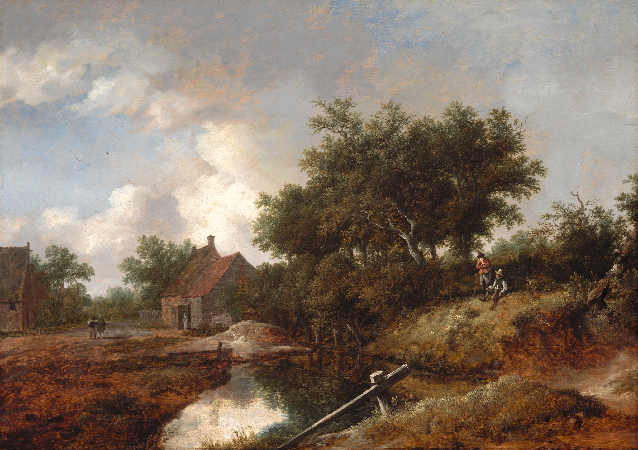 the image is a landscape painting depicting a rural scene. in the foreground, there is a small pond or stream with a wooden structure partially submerged in the water. the banks of the pond are covered in vegetation and dry grass. to the left, a dirt road leads towards the middle ground, where a couple of simple buildings or cottages are located. a couple of people appear to be walking along the road near the buildings. in the middle ground to the right, there is a small hill covered in trees and foliage. two figures can be seen on the hill, one standing and one kneeling or sitting. the background features a sky filled with clouds. the overall impression is one of a peaceful, natural setting.