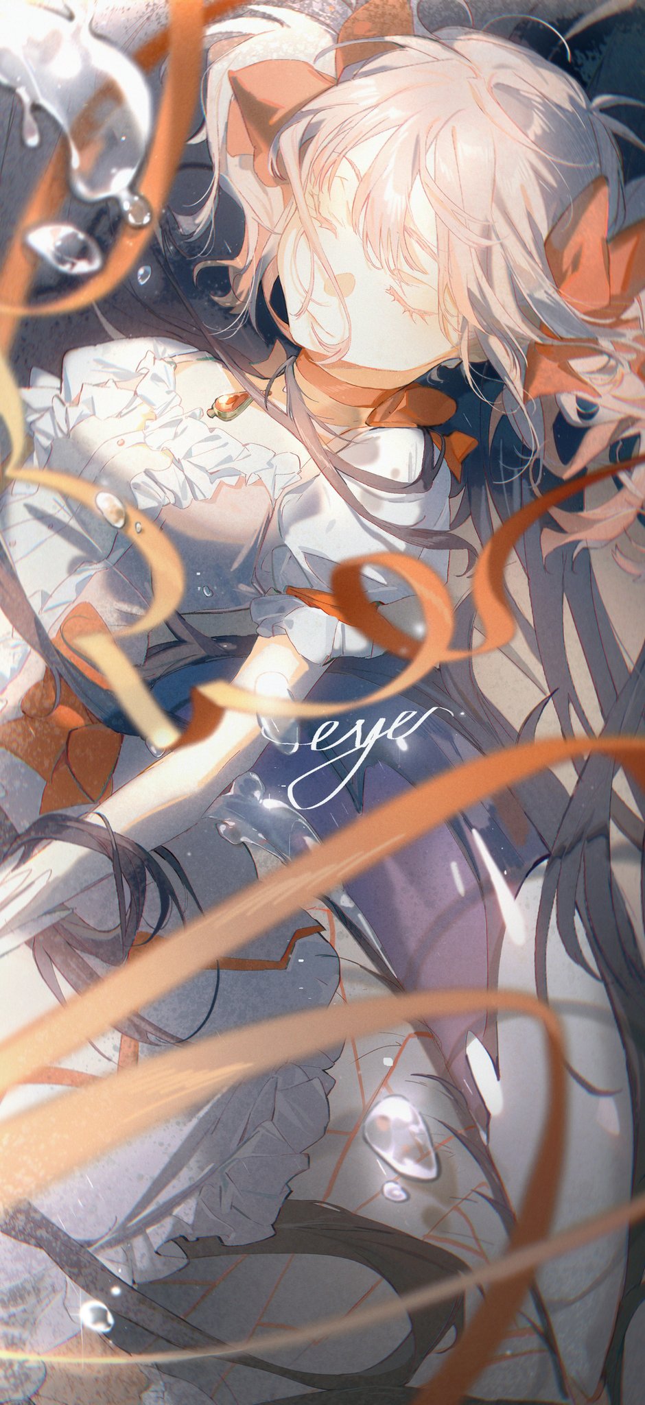the image is a digital illustration of an anime girl with long pink and white hair. she is wearing a white dress with an orange ribbon. she is underwater, and her reflection is visible in the water. the water is clear and sparkling, and there are bubbles around her. the light is soft and dreamy, and the overall mood is peaceful and serene. the image is welldrawn and detailed, and it is visually appealing.
