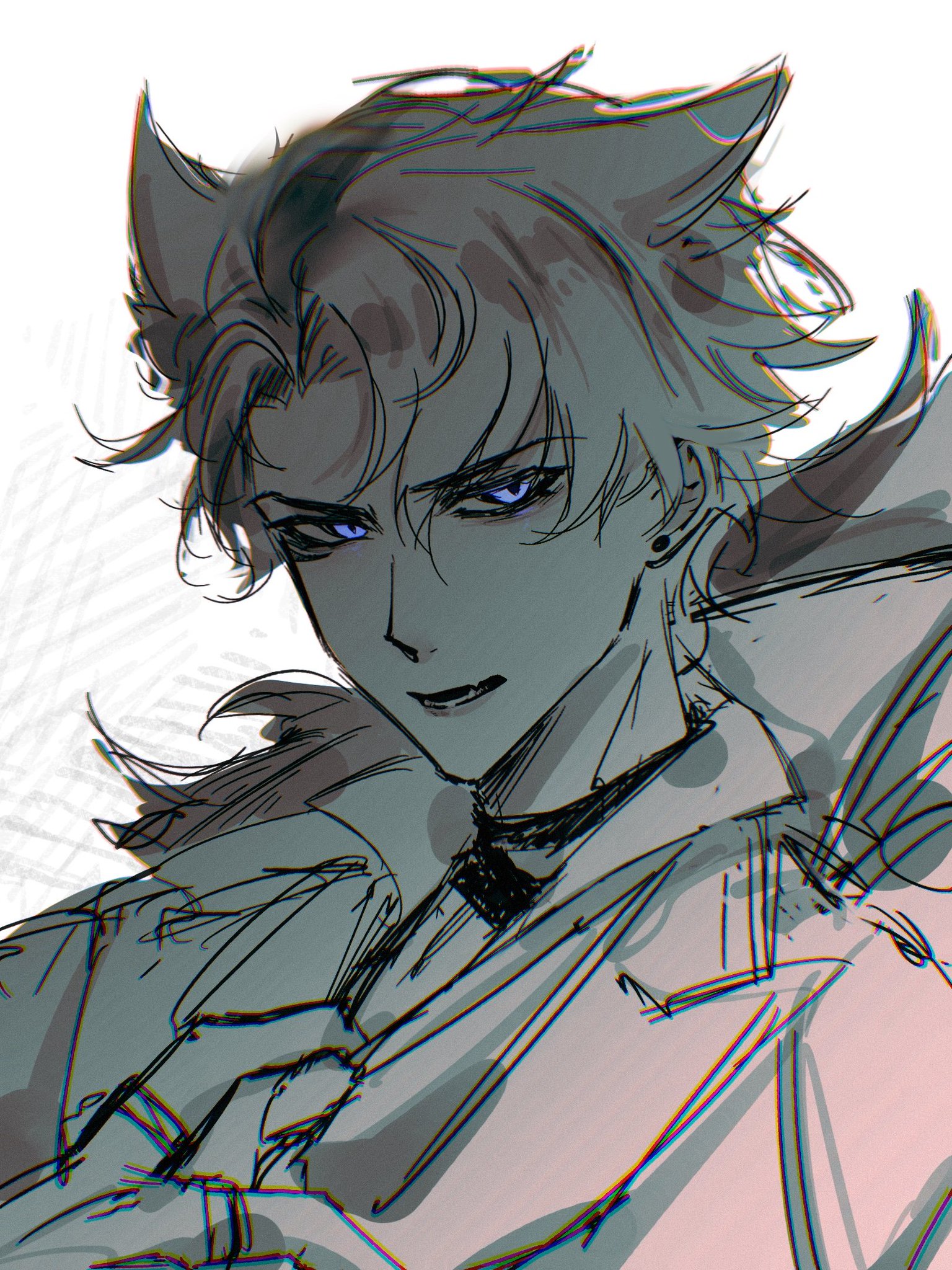 an animestyle illustration of a young man with wolf ears and blue eyes. he has a serious expression on his face. he is wearing a jacket with a collar. the art is done in a sketchy style with a white background.