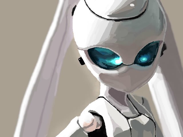 a digital art drawing of a female android with long white hair, bright blue eyes, and a sleek white suit. the image is a closeup, focusing on the android's upper body and face. the soft lighting enhances the futuristic and somewhat enigmatic feel of the artwork.