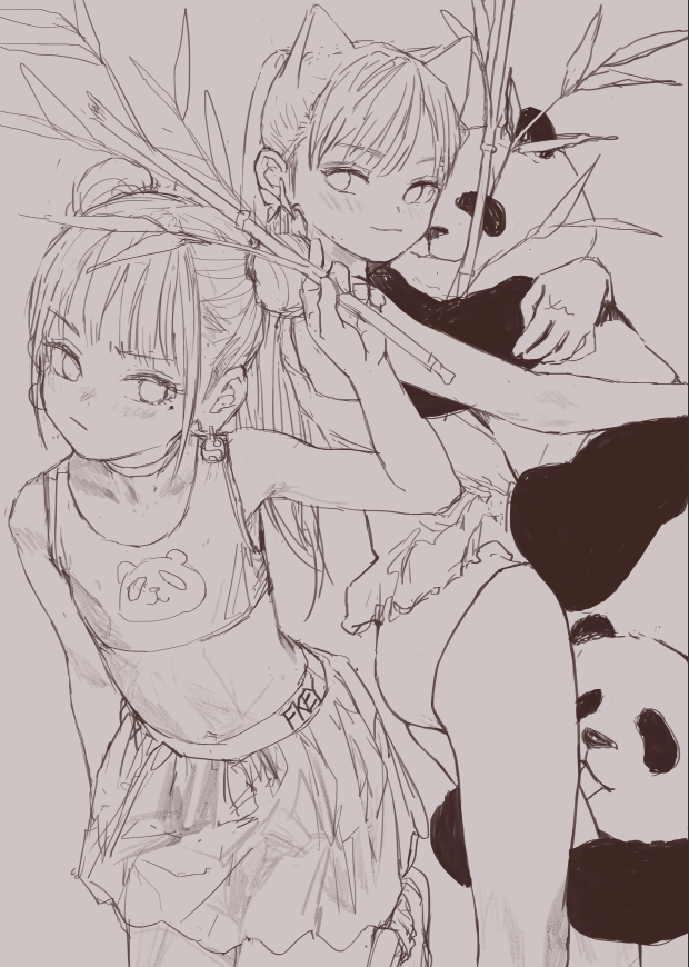 a sketch of two young women, one with cat ears, posing with pandas and bamboo. the girl in the foreground is wearing a bare midriff top with a panda on it and a frilly skirt with the word "fkey".